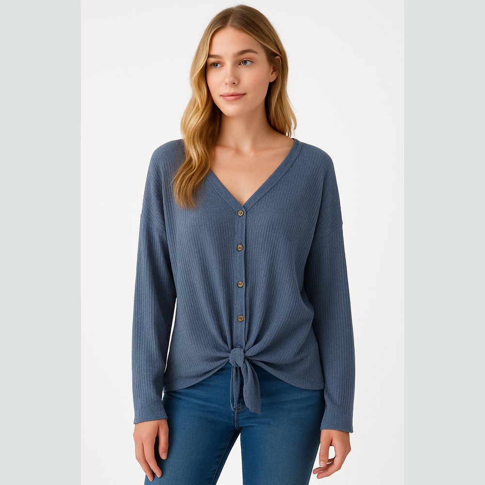 Waffle Knit Thermal Henley Top Tie Front Blue Size L